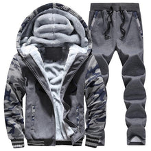 Load image into Gallery viewer, Men Tracksuit Camouflage Print Fleece Lined Thick Warm Hooded Set Winter Patchwork Jacket Mens Sweatshirt Pants Jogger Suit 2Pcs